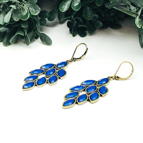 Vintage-Style Brass & Blue Leaf Drop Earrings With Leverback Closure - Picture 1 of 5
